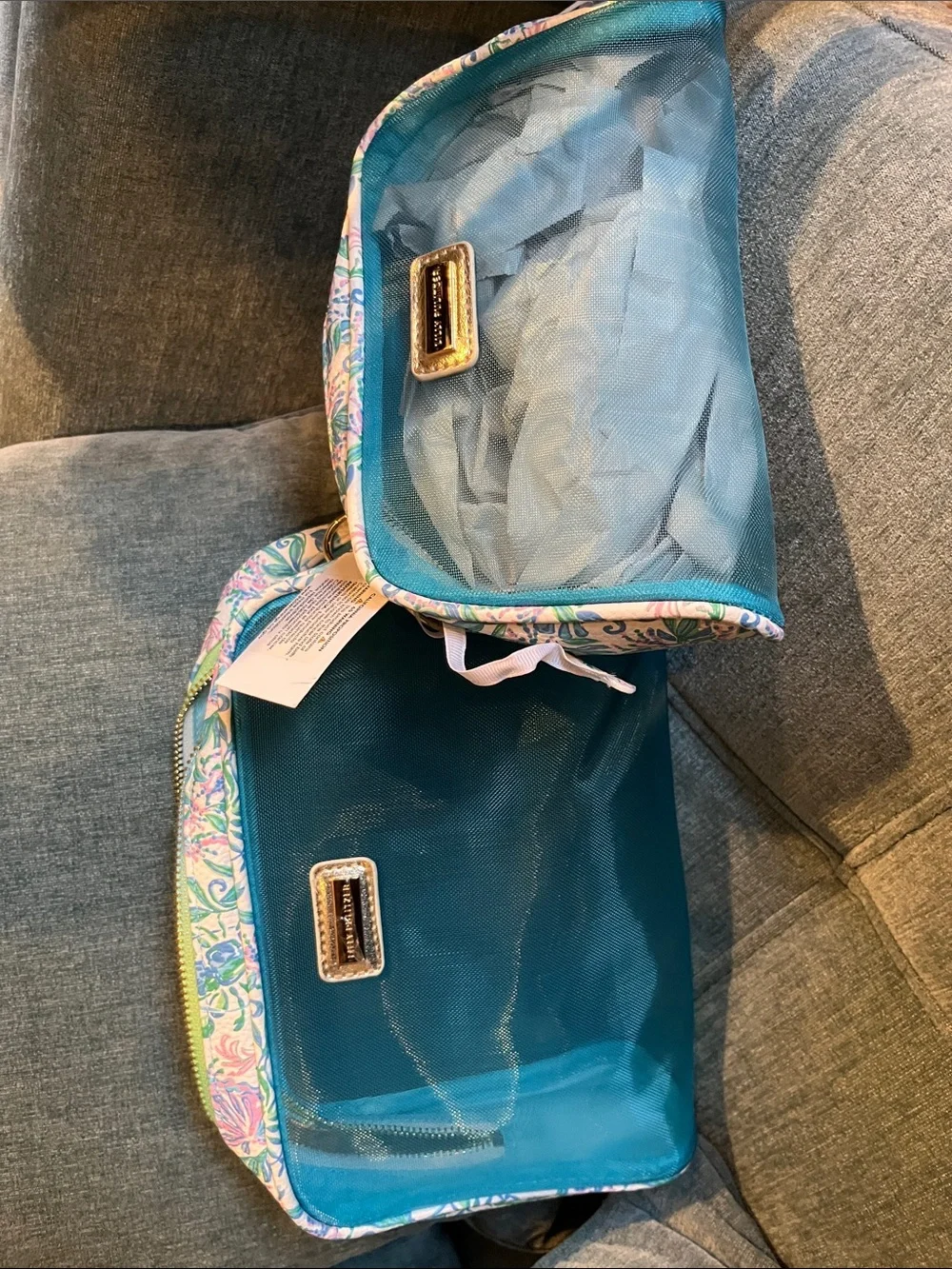 Lilly Pulitzer Turquoise Mesh Cosmetic Pouch with Floral Trim Set of 2 - NWT